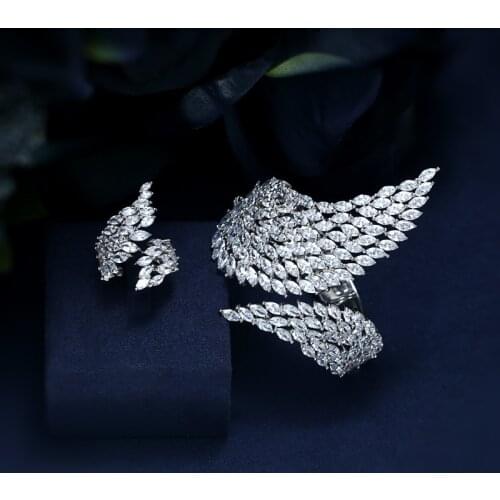 Janekelly new AAA cubic zirconia white color angel shape open bangle with rings set. beautiful stunning jewelry for women gift