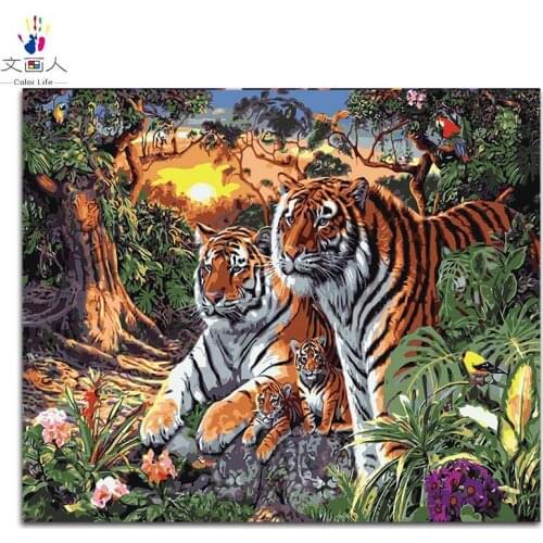 Tiger animal picture painting by numbers with kits,king of forest,abstract tigers family,coloring by numbers on canvas with kit