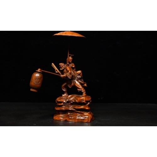 7" China Lucky Seikos Boxwood Zhong Kui married sister statue Take the folding fan and wear the demon sword Exorcism Town House