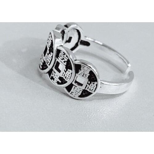 Chinese Ethnic Retro Five Emperor Money Copper Cion Ring Good Lucky Wealth Men Women Retro Silver Plated Ring Anniversary Gift
