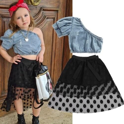 Casual Girls Two-piece Clothes Set Solid Color Irregular Collar Tops and Black Wavy Points Pattern Skirt Childrens Outfit Suit