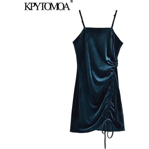 KPYTOMOA Women 2021 Fashion With Drawstring Pleated Velvet Mini Dress Vintage Backless Zipper Thin Straps Female Dresses Mujer