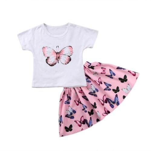 Cute Baby Girls Butterfly Outfits Clothes Summer Short Sleeve T-shirt Tops Pink Butterfly Print Skirts 2pcs Clothes Set