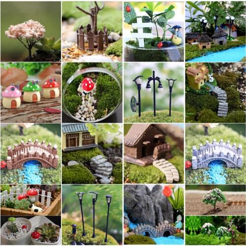 Cute Village House Miniature Garden Mini Bridge Stairs Craft Figurine Plant Pot Garden Ornament Miniature Fairy Garden Supplies