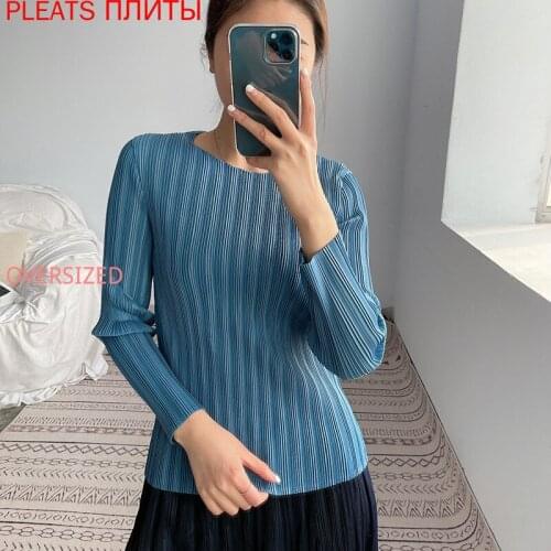 Miyake Pleated Round Neck Top Womens 2021 Spring and Summer New Style Commuter High Stretch T-shirt Large Size Show Thin