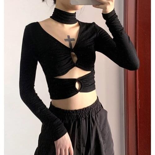 Fashion Women T-Shirt Sexy Crop Top Casual Hollow Out Long Sleeve Mock Neck Keyhole Cut Out Ruched Streetwear