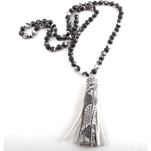 Moodpc Fashion Bohemian Tribal Jewelry Stone Long Knotted Tassel Necklaces For Women Beads Necklace