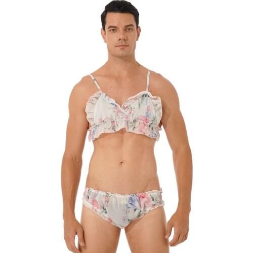 Mens Sissy Gay Sleepwear Two-piece Lingerie Suit Adjustable Straps Bra Tops with Panties Strawberry Flower Printing Ruffled Set