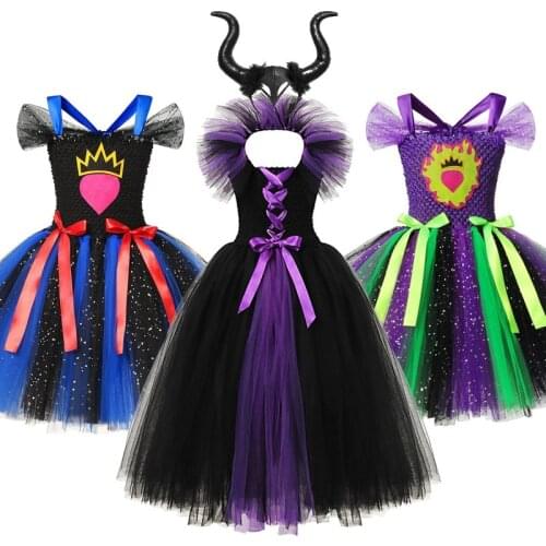 MUABABY Descendant Fancy Tutu Dress for Girls Evil Queen Magic Witch Villain Kids Mal Evie Princess Costume Uma Audrey Clothes
