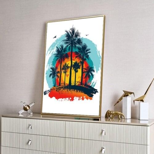 Nordic Abstract Landscape Wall Art Poster Enjoy Summer Coconut Tree Canvas Painting Modern Minimalist Picture for Home Decor