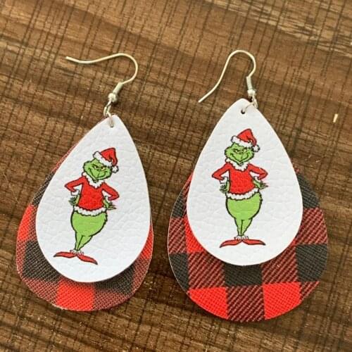 New Two Layer Black Red Buffalo Plaid Pattern Leaf Grinch Santa Christmas Earrings Faux Leather