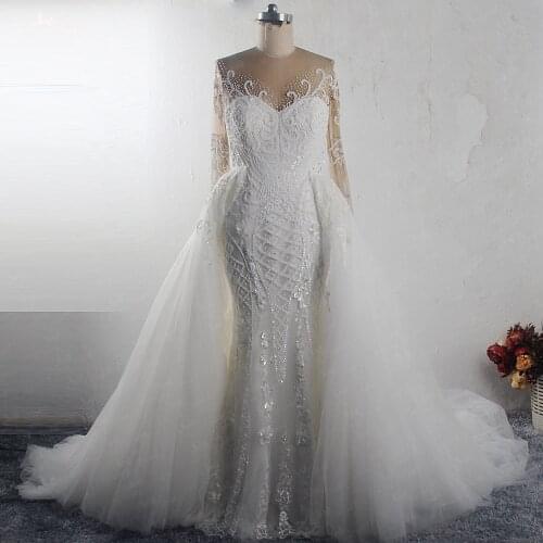 RSW1541 luxury 2 In 1 Detachable Train Bridal Dress Africa Black Girls Long Sleeves Heavy Beaded Lace Mermaid Wedding Dress