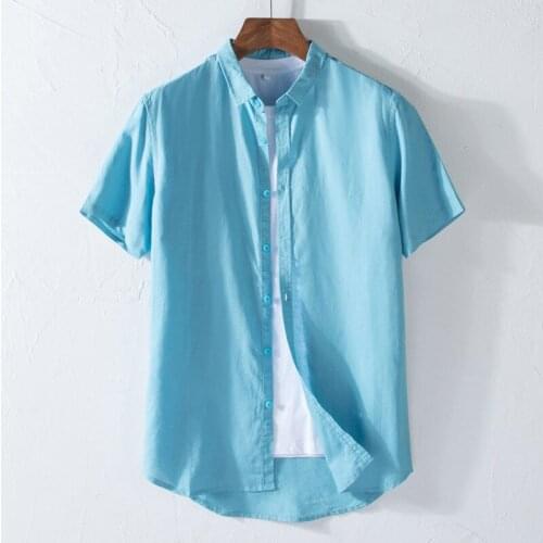 Summer Blue Linen Shirt Boys Short Sleeve Button Up Top Casual Slim Fit Social Cotton Linen Shirt Plus Size Mens Dress Shirts
