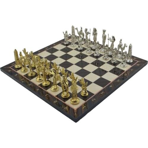 Metal Egyptian Chess Set Glossy and Walnut Patterned MDF Wooden Chess Board 37x37 cm