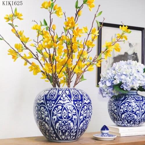 Blue and White Porcelain Flower Vase Storage Jar Porch Desktop Ornaments Dried Flower Ceramic Vase Sealed Storage Jar Home Decor