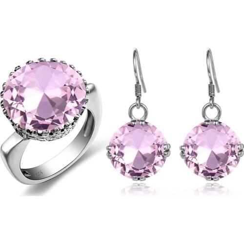 Szjinao Silver Jewelry Set For Women Real 925 Sterling Silver Pink Cristal Earrings Ring Sets Round Shape Trendy Fine Jewelry