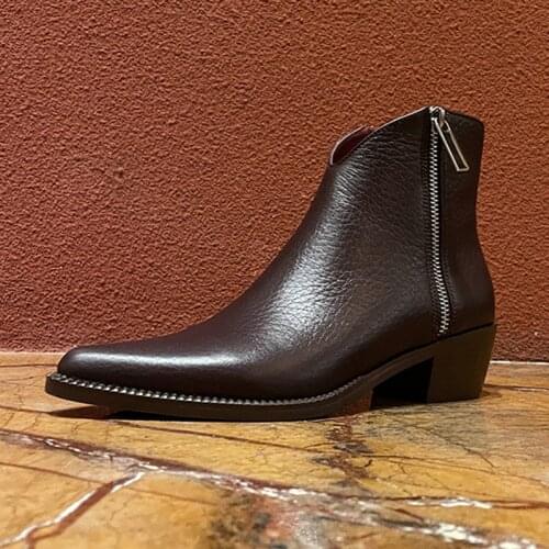 Genuine Leather Retro Women Boots Winter Square Heel Ankle Boots for Women Zipper Decoration British Style Short Boots Black