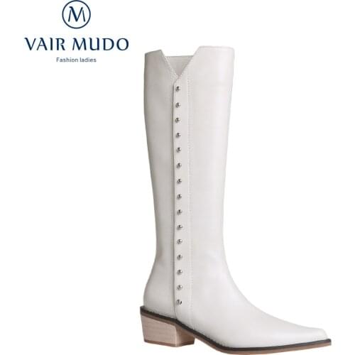 VAIR MUDO Women Modern Boots Square Heel White Black Metal Decoration Knee-High Autumn Winter Fashion Elegant Fashion ZT10L