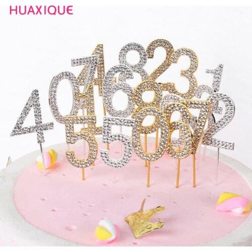 1Pc Glitter Alloy Rhinestone Gold Silver Number Cake Topper Digital Cupcake Topper Baby Shower Wedding Birthday Party Decors
