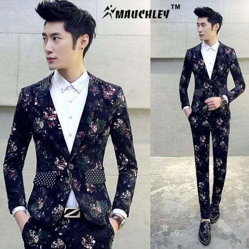 2018 Boys Floral Design Prom Tuxedos Mariage Costume Homme DJ Stage Suits For Men 2 PCS/Set (Jacket+Pants) Slim Suit Plus M-5XL