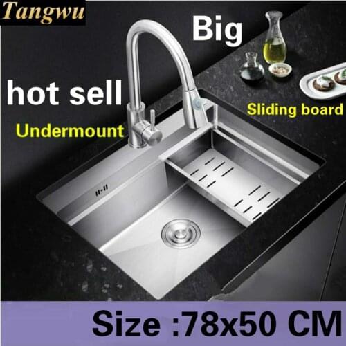 Free shipping Apartment kitchen manual sink single trough luxury 304 stainless steel sliding board hot sell large 780x500 MM