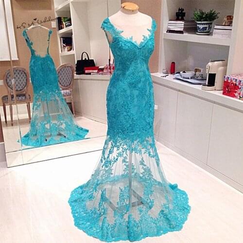 Turquoise Lace Evening Party Dresses See Through Long Elegant Prom Dress Mermaid Applique Backless Cap Sleeve Vestido de Renda