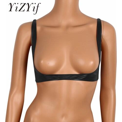 YiZYiF Sexy Womens Exposed Breasts Nipples Bra Lingerie Fashion Faux Leather Adjustable Wire-free Open Cup Shelf Bra