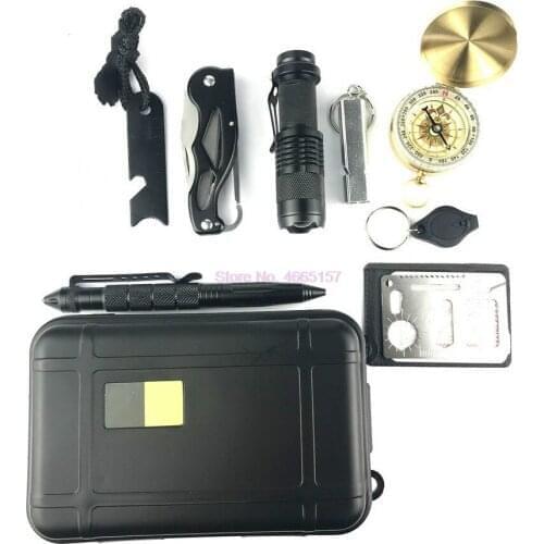 By dhl or ems 10sets 10 In 1 Survival Gear First Aid Kit Outdoor Camping Hiking Survival Tools Whistle Flashlight Tactical Pen