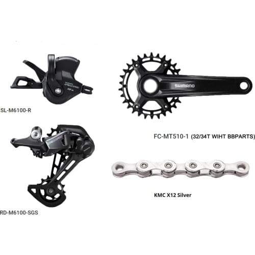 SHIMANO DEORE - MTB DEORE M6100 SERIES FC-MT510-1Crankset SL-M6100-RShifting Lever RD-M6100Rear Derailleur KMC X12 SILVER Chain