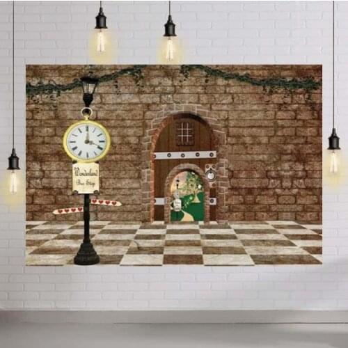 Alice In Wonderland Photophone Baby Shower Child Brown Brick Wall Photography Background Door Clock Street Light Banner