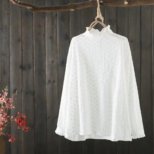 Cotton Ruffles White Shirts For Women Summer New 2021 Long-Sleeved Loose Office Lady Elegant Pulls Outwear Tops