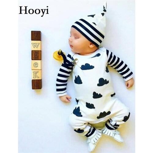 Hooyi White Black Stripe Sleeve Cloud Newborn One-Piece Clothes Boys Romper Infant Jumper Baby Girl Jumpsuit + Hat Set Caps