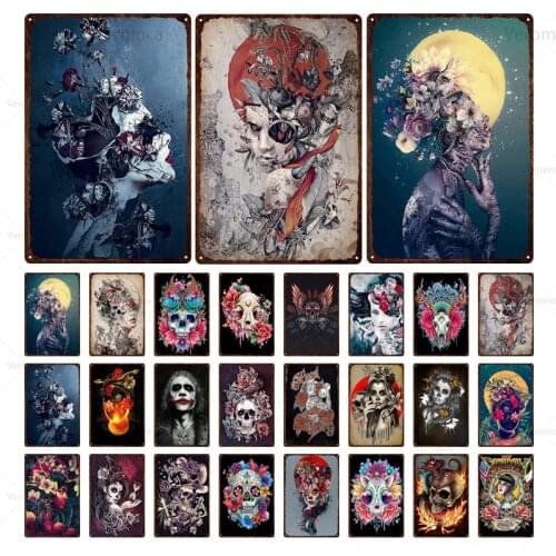 Beauty Skull Flowers Retro Poster Vintage Metal Tin Sign Shabby Plaque Tattoo Shop Decorative Wall Art Picture Iron Plate