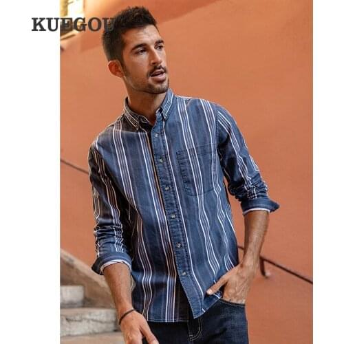 Kuegou 2020 Autumn 100% Cotton Blue Casual Shirt For Men Oversize Male Fashion Unusual Collar Button Long Sleeve Clothing 20516