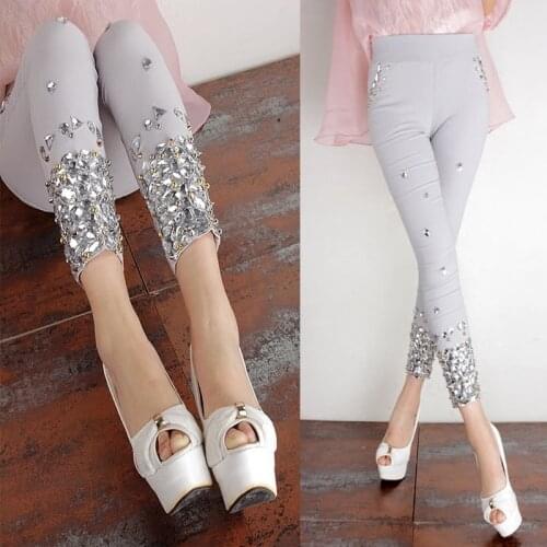 2020 Summer New Fashion Womens Pants Hand-Stitched Super Shiny Rhinestone Pants Light Gray Large Size Wear Leggings Plus Size