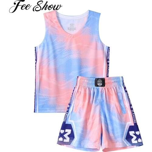 2Pcs Kids Girls Boys Summer Sports Suit Outfits Sleeveless Tie Dye Print Tops and Shorts Set Sportswear Basketball Football Suit
