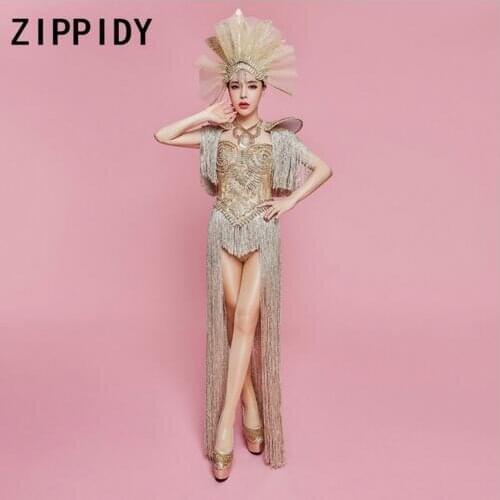 Fashion Sparkly Gold Rhinestones Long Tassel Bodysuit Female Singer Nightclub Bar Team Show Outfit Birthday Party Clothing
