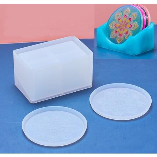 Mandala Coaster Resin Molds with Coaster Holder Molds Set Round Coaster Molds for Resin Casting Cups Mats Home Decoration