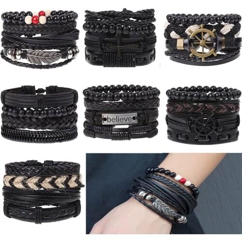 New Retro Black woven combination suit leather bracelet men and women leather bracelet cool Bracelets on hand