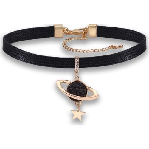Rhinestone Universe Star Pendant Necklace Female Black Leather Chain Collar Lace Harajuku Clavicle Choker Necklace Gifts