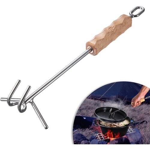 Stainless Steel Camp Dutch Oven Lid Lifter Wooden Handle Lifting Carrying Dutch Ovens
