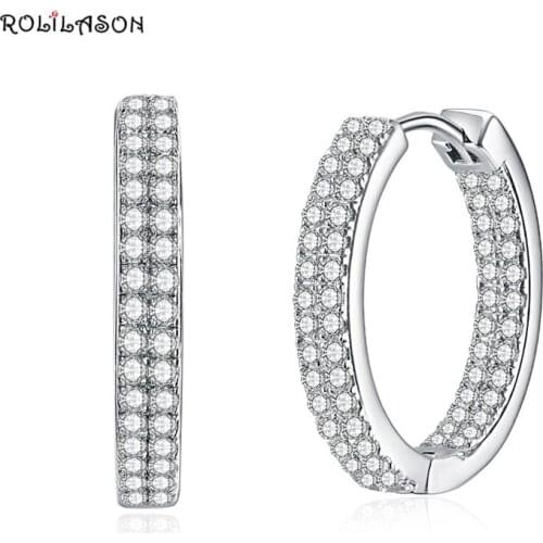 ROLILASON 100% 925 sterling silver white zircon hoop earring for girl gift pure silver jewelry 4.4G SE12