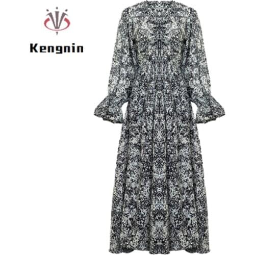 Loose Oversize 4XL Chiffon Dress 2021 Autumn New Print Ladies Vestidos Long Sleeve V-Neck Pleated Female Robe Dresses KE1752