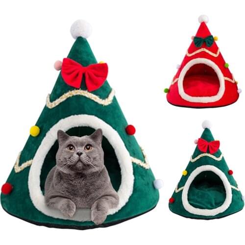 Cute Christmas Tree Shape Pet Cat Bed House Winter Warm Sleeping Bed Half Closed Soft Kennel Nest Cage Pet Tent Pet Products