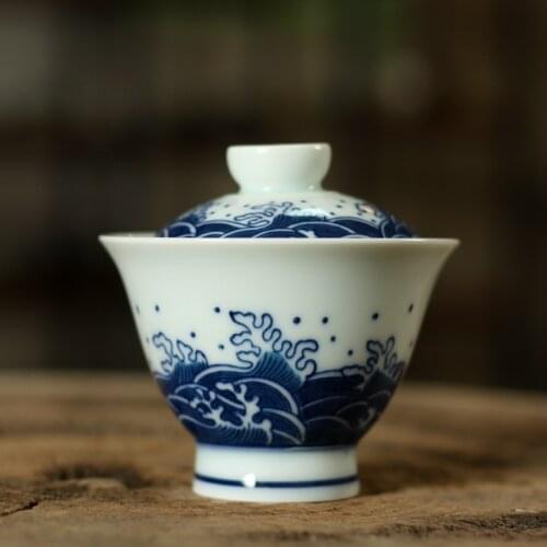 Handmade Painting Line Blue And White Porcelain Cover Bowl Sancai Bowl Without Support Tea Gaiwan