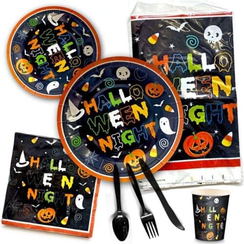 Halloween Tablecloth Banner Decoration Disposable Paper Cup Paper Plate Knife Fork Spoon Set Party Supplies