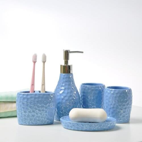Mediterranean Blue Bathroom ceramic Five pieces set wedding gift fashion brief toothbrush holder + cup+ lotion bottle+ dish