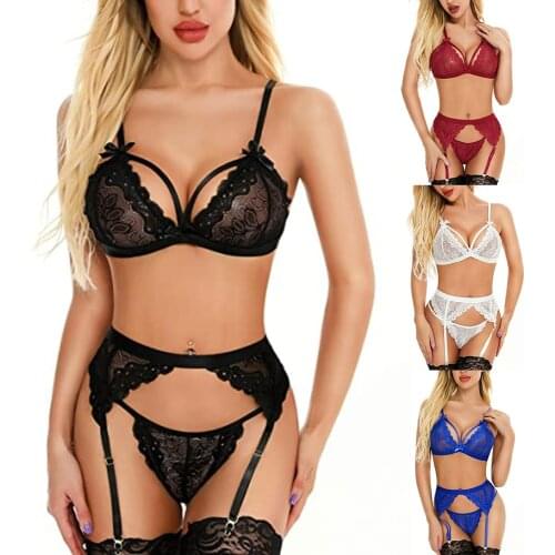Sexy Ladies Lingerie Set Lace Charming Temptation Nightwear Sexy Lace Garter Belt Suit Three-piece Suit Comfortable Underwear