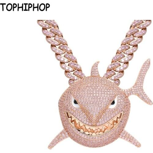 TOPHIPHOP New Large Pink Shark Pendant Micro Pave Pink Zircon Exaggerated Mens Necklace Hip Hop Jewelry
