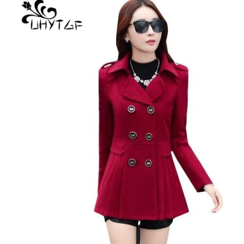UHYTGF Woman woolen jacket Double-breasted slim winter coat women Solid color wild autumn wool coats 3XL Plus size short top 324